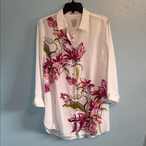 Chico's Sz 1.5 White Linen Shirt with Pink Floral Motif